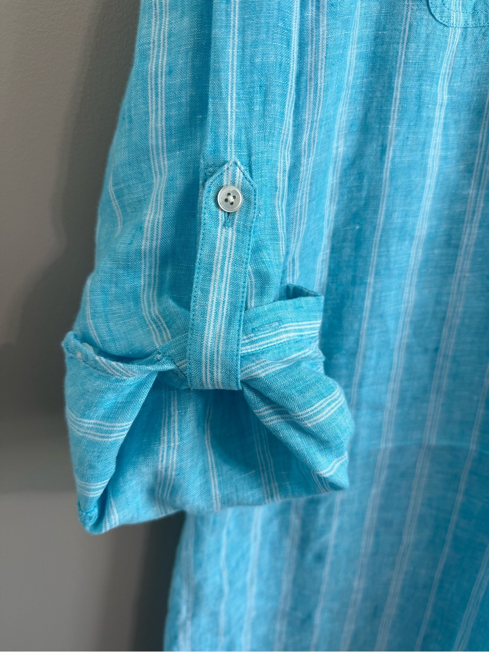 Talbots Linen Shirt Dress Aqua/Blue Striped Roll Tab Sleeves Coastal Resort L - Picture 3 of 8